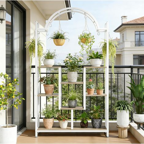 Pflanzenregal 5 Ebenen mit Haken Metall Holz Weiß OKMYHOME (1/5)