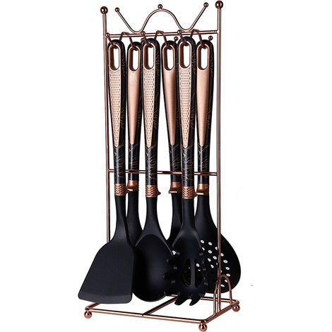 Ensemble d'ustensiles de cuisine, 7 pièces en silicone avec support, ustensiles de cuisine sans BPA et résistants à la chaleur, ustensiles de cuisine pour la préparation de plats antiadhésifs (Noir) (1/5)