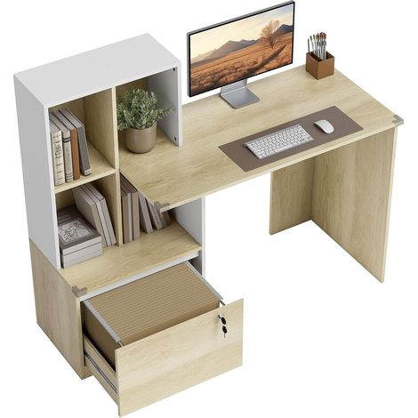 Bureau d'ordinateur avec bibliothèque 4 Compartiments et tiroir verrouillable à dossiers, Patins Anti-Collision, Table Informatique pour Chambre, Salle d'étude, 126x50x109cm, chêne et Blanc (1/5)