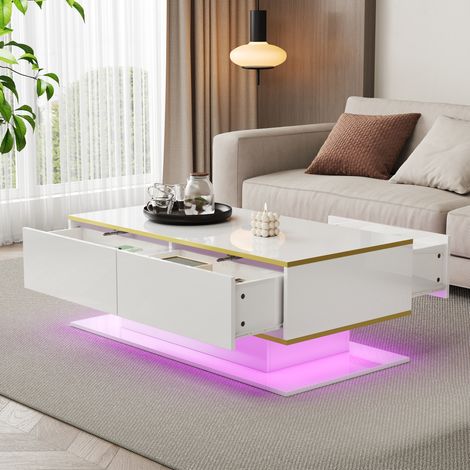Mesa de centro 100x50x40 cm blanca y dorada en tablero de partículas con LED, 3 cajones y compartimento abierto (1/5)