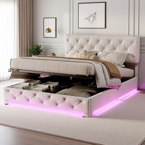 Cama Doble 140x200 - Somier Hidráulico - Iluminación LED - Almacenamiento Integrado - Diseño Escandinavo
