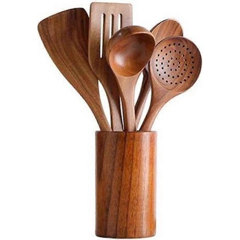 Ensemble de 6 ustensiles de cuisine en bois naturel, spatule et cuillère non toxiques (1/4)