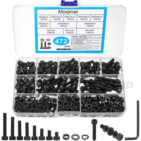 472 Pièces Set de Vis M5, Vis à Tête Cylindrique Hexagonale avec Écrous et Rondelles, Kit de Vis M5 en Acier Carbone Noir, Boulons Écrous Rondelles, Assortiment de Vis Métalliques pour DIY & Vélo (1/5)
