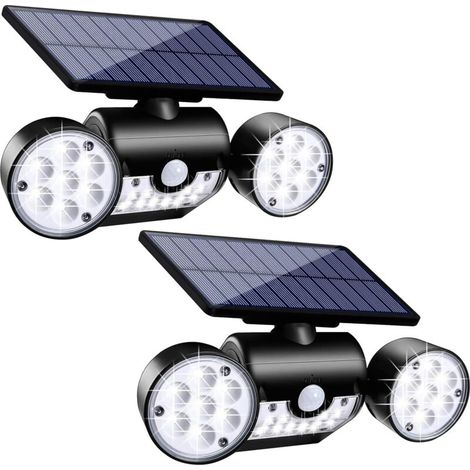 Lampe solaire LED étanche d'extérieur - Avec détecteur de mouvement, double projecteur, orientable à 360° - Idéale pour les jardins - 2 pièce (1/5)