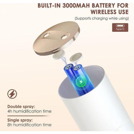 Humidificateur de bureau sans fil mini 450 ml à brume fraîche avec buse rotative à 90° pour le visage, les plantes, la maison, la chambre, le bureau, rechargeable, silencieux (28 dB), veilleuse, auton (1/5)