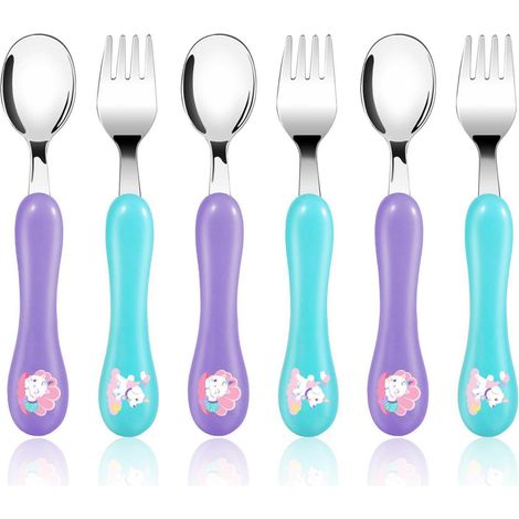 Kinderbesteck Set 6-teilig Edelstahl & Plastik ab 1 Jahr, Gabel Löffel mit Einhorn Motiv (1/5)
