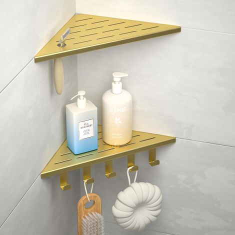 Lot de 2 - Étagère douche angle - Acier inoxydable 304 - Support rasoir et crochets - Pour mur carrelé sans perçage - Or - 25,4x25,4cm (1/5)