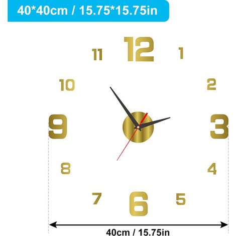 [Horloge murale acrylique] Horloge murale acrylique lumineuse 3D DIY sans cadre, couleur dorée 40 cm, sans perforation, avec stickers chiffres, pour salon bureau chambre (1/4)