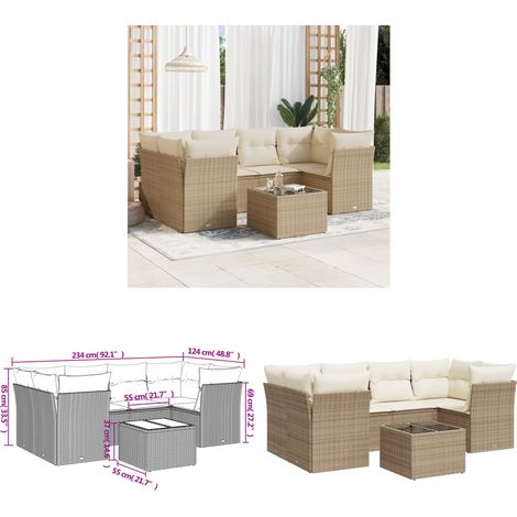 7-tlg. Garten-Sofagarnitur mit Kissen Beige Poly Rattan - Gartenmöbel Set - PE-Rattan Möbel - Outdoor Sofa - Esstisch - Lounge Garnitur - Home & Living (1/3)