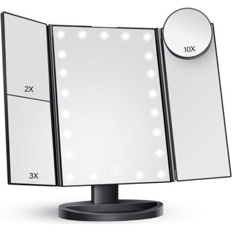 ALLIANDISMiroir de maquillage avec éclairage LED, écran tactile réglable et grossissement 1x/2x/3x, miroir de maquillage pliable en trois parties (1/4)
