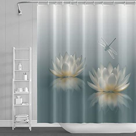 150x180cm Lotus Fleur Rideau de Douche Mignon Libellule Zen Spa Rideau de Bain Élégant Floral Spirituelle Méditation Rideau de Baignoire Étanche pour Salle de Bain avec Crochets (1/4)