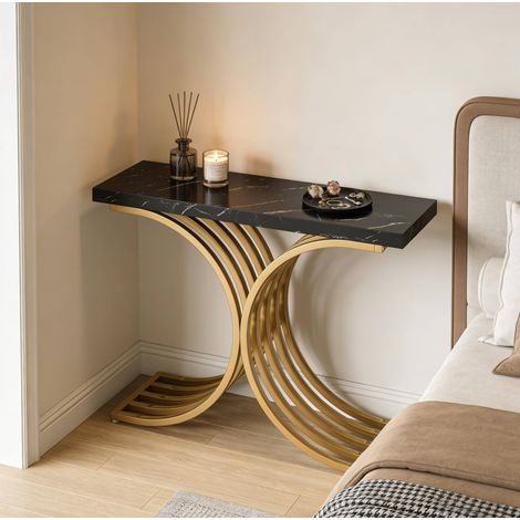 Console 100x30x80 cm noir et doré en marbre et métal avec plateau effet marbre et structure géométrique (1/5)