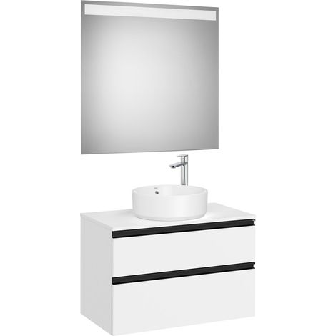 Pack meuble "The gap" 800 pour vasque à poser - 2 tiroirs + plan + miroir LED - blanc mat/poignées noires - Roca (1/2)