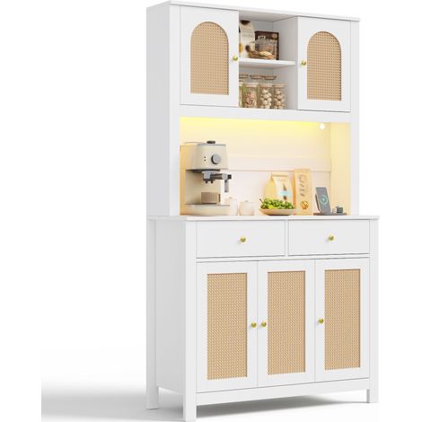 Buffet haut de cuisine Blanc,meuble de rangement moderne,avec 2 tiroirs,prise avec USB,LED,100x40x180cm,cuisine,salon (1/5)