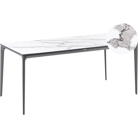 Mesa de comedor de jardín con tablero de HPL y estructura de aluminio resistente a los rayos UV agua óxido gris oscuro mármol blanco Sovareto (1/5)