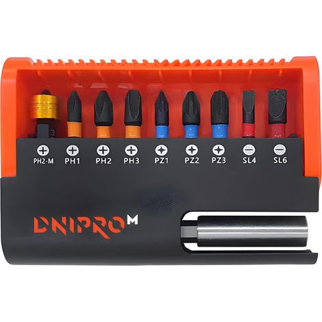 Dnipro-M Juego de Puntas Impact 10 uds - Acero S2-M 58-62 HRC, 9 Puntas PH PZ SL con Portapuntas Magnético y Estuche (1/5)