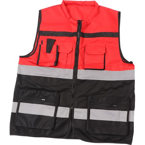 Gilet de sécurité réfléchissant haute visibilité, taille unique, rouge et noir, fermeture éclair, veste de travail pour chantier (1/5)