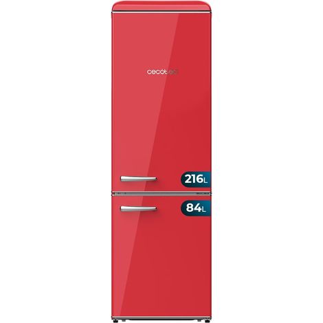 Cecotec Retro Combi Fridge de 300L Bolero CoolMarket Combi Origin 300 Red E, Klasse E, LED Innenraum, Crisper Box, de Temperaturregelung, Chromgriff und Tabletts de Glas.