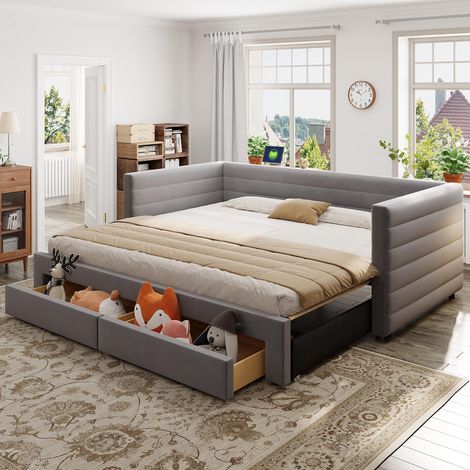 Lit rembourré 3 en 1, canapé-lit extensible 90x190cm, lit multifonctionnel avec tiroirs, convertible en lit simple/double avec sommier à lattes, coton et lin, gris (matelas non inclus), garantie 2 ans