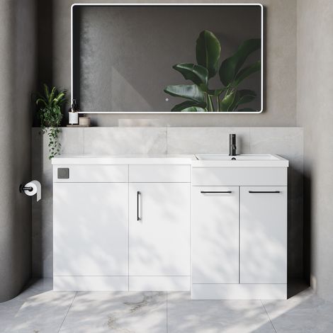 Napoli 390 Gloss White 1500mm 3 Door Vanity Unit Toilet Suite with Right Hand Square Lucia Basin - 1500mm - Matt Black 160mm HandleWithout Kingston Toilet Pan