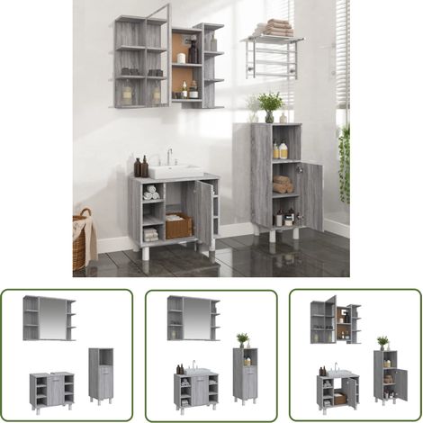 The Living Store 3-tlg. Badmöbel-Set Grau Sonoma Holzwerkstoff - Badmöbel Set - Badezimmermöbel - Holzwerkstoff - Grau Sonoma - Waschtischschrank (1/5)