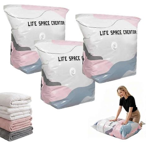 Lot de 3 sacs de rangement sous vide sans pompe, sacs de rangement sous vide 3D sans pompe pour un gain de place, sacs de rangement sous vide stéréoscopiques épais sans pompe (1/5)