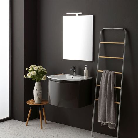 Kiamami Valentina – Armoire de toilette moderne avec lavabo suspendu gris brillant – Miroir rectangulaire LED – Dimensions 61x49cm – Tiroir avec fermeture lente (1/5)