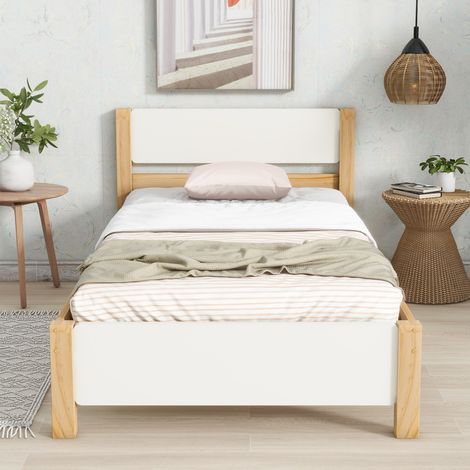 Bett Einzelbett 90x200 cm modern aus Massivholz und MDF, Weiß/Natur, mit Kopf- und Fußteil, 15 Latten und Mittelfüßen (1/5)
