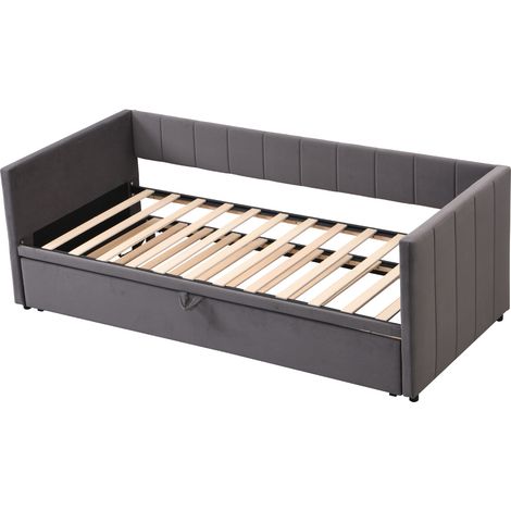 Ausziehbett 90 x 200 cm und 180 x 200 cm aus Samt und MDF mit 2 Armlehnen und Gepolstertem Rückenlehne, Ohne Matratze, Grau (1/5)