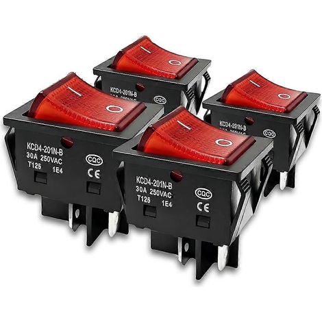 Interrupteur à bascule DPST 4 broches 30 A 250 V CA, lot de 4, voyant rouge marche/arrêt T125, robuste pour appareils électroménagers (1/5)