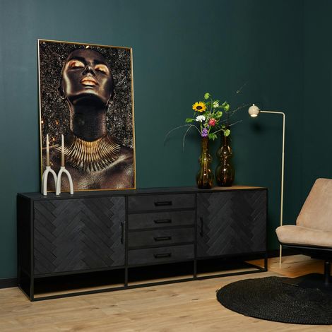 Buffet noir en bois 2 portes motif chevron 210 cm ALVERA