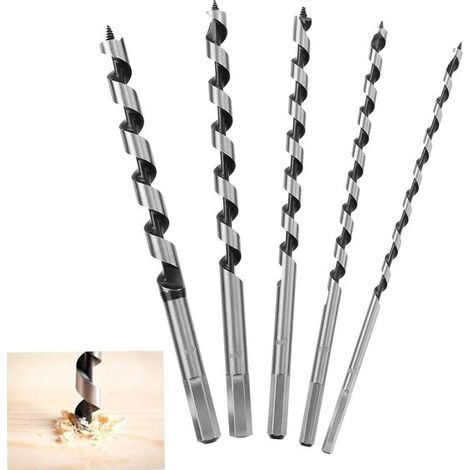 Juego de 5 brocas para carpintería - brocas espirales - y herramientas de carpintería de mango largo (diámetros 6/8/10/12/14 x 230 mm) - Para trabajos de precisión