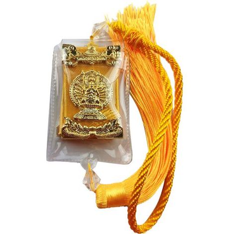 Ciondolo per auto con mantra della Grande Compassione, amuleto buddista, decorazione per specchietto retrovisore, ornamento giallo da appendere (1/4)