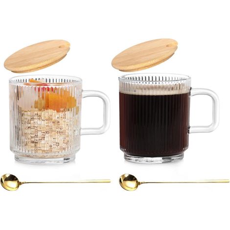 2er Set Cappuccino Tassen 350ml mit Deckel und Löffel, geriffeltes Glas