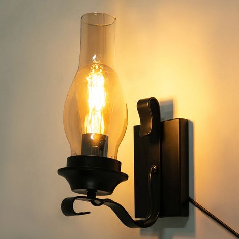 Aplique de pared de cristal industrial retro - Lámpara de pared de loft de iluminación interior rústica - Lámpara de pared de metal E27 (bombilla no incluida)
