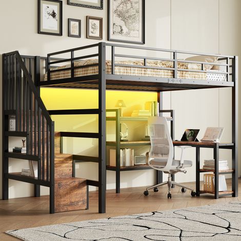 Lit mezzanine métal 140x200 cm avec escalier, bureau intégré, rangement, USB & LED, noir – lit haut pour chambre étudiante ou petite surface (1/4)