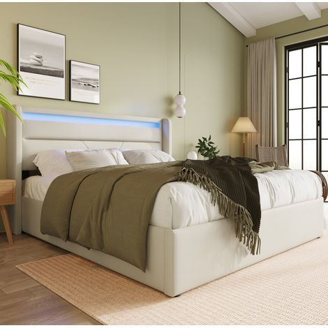 Cama doble almacenamiento LED tapizada blanca OKMYHOME (1/5)