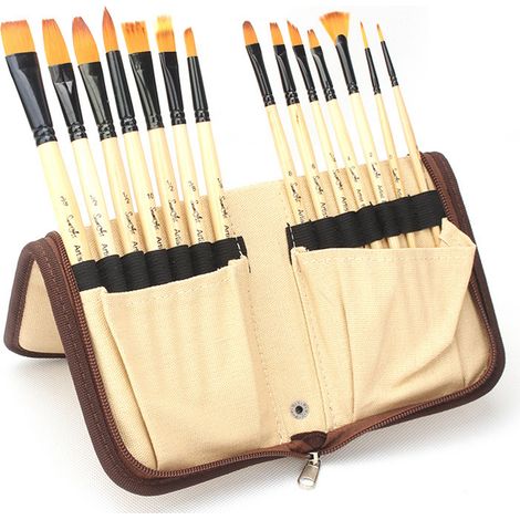 Ensemble de 14 pinceaux avec pochette de rangement, pinceaux en nylon de qualité supérieure, modèles variés, pinceaux aquarelle professionnels pour peintres, étudiants et débutants, cadeau idéal pour (1/5)