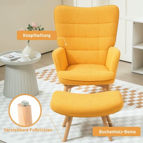 Chaise fauteuil relax repose-pieds revêtement aspect corduroy accoudoirs et pieds en bois coloris orange fauteuil lounge (1/5)