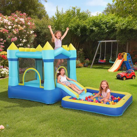 Hüpfburg Aufblasbar Spielcenter mit Gebläse Rutsche Trampolin Planschbecken/Bällebad Wasserpistole 364x173x182 cm Blau