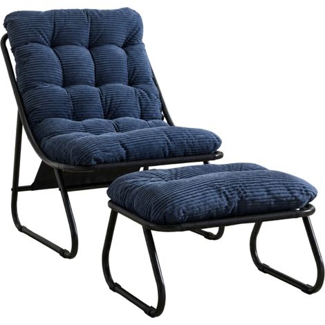 Fauteuil de jardin avec ottomane en acier noir et coussin bleu marine, chaise longue confortable pour intérieur et extérieur (1/5)