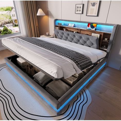 Etagenbett 180/200 cm de terciopelo gris oscuro con almacenamiento, LED, USB y Type-C (1/5)