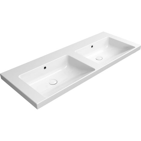 NORM double vasque en céramique 125x50cm, sans trou pour robinetterie, blanc ExtraGlaze (1/3)