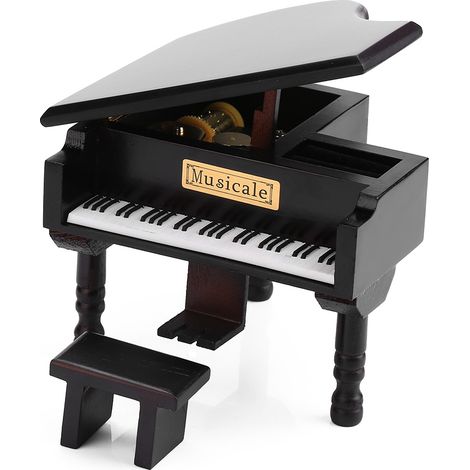 Boîte à musique en bois en forme de piano à queue, à remontoir, avec petit tabouret - Cadeau original pour un anniversaire (1/5)