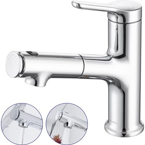 Robinet de lavabo avec extensible Robinet de salle de bain,Mitigeur monocommande pour lavabo à poser avec 3 types de jets d'eau douchette,Chrome (1/5)