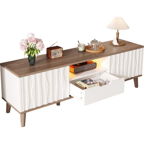 Meuble TV LED moderne avec porte coulissante, rangement, gestion des câbles, pour téléviseur jusqu’à 70 pouces, blanc et bois foncé, 160 x 40 x 52 cm - CHICFURN (1/5)