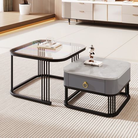 Table basse moderne 2-en-1 - Structure empilable noire - Plateau verre et finition brillante - Table d'appoint avec rangement (1/5)