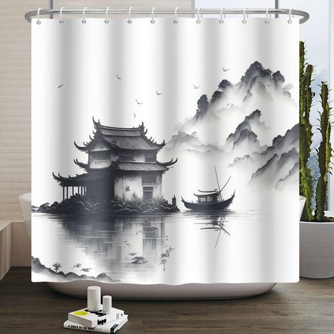 120x180cm Lake Mountain Rideau Douche Smokey Mountain Boat Wild Nature Parc National Baignoire Paysage Rural Photo Salle de Bain Art Déco Rideau de Douche avec Crochet (1/5)