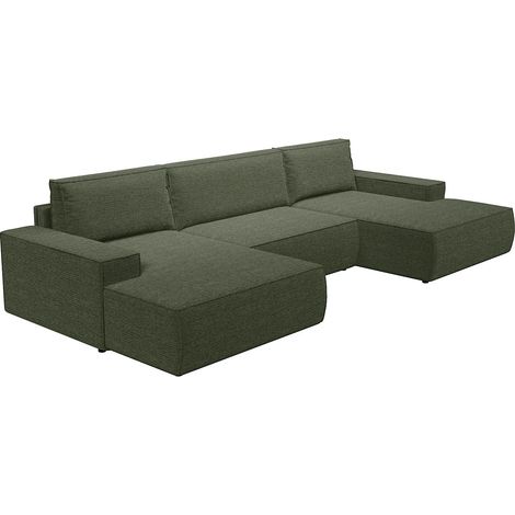 Vente-Unique – Canapé d'angle panoramique convertible 7 places en tissu texturé vert – Coffre de rangement intégré – Longueur 358 cm – Éco-responsable (1/5)