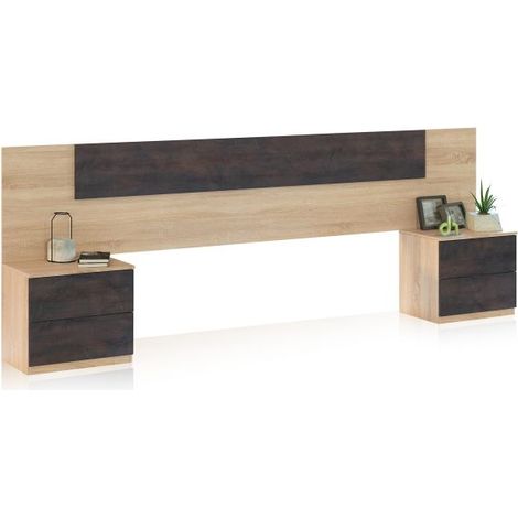 Cabecero para cama de 135-150 cm y 2 mesitas con cajones Akari Roble Canadian - Óxido 247cm (ancho) x 50,5cm (alto) (1/5)
